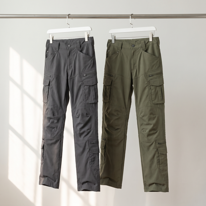Men's tactical cargo pants in grey and army green hanging side by side