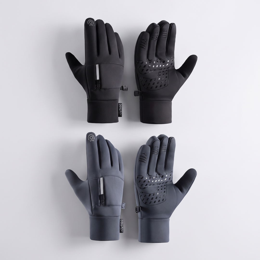 Men's winter gloves in black and grey - both colorways flat lay comparison