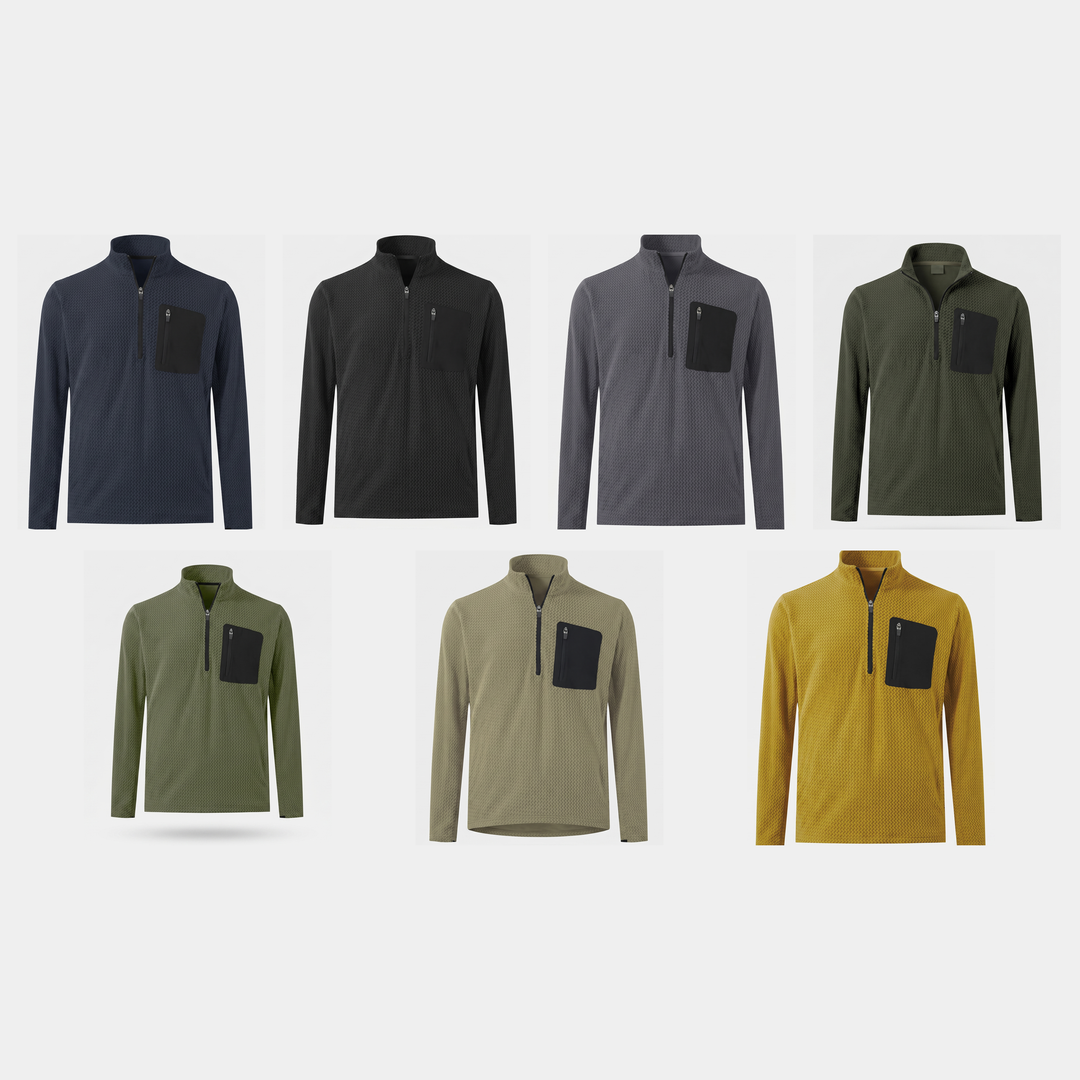 All seven colourways of the quarter zip shown together