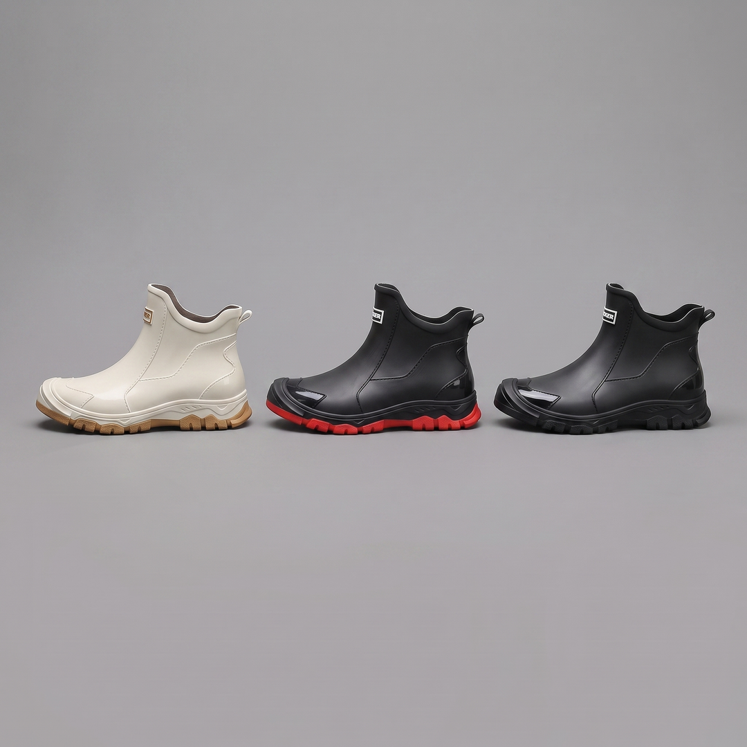 All three colorways of the rain boot shown together