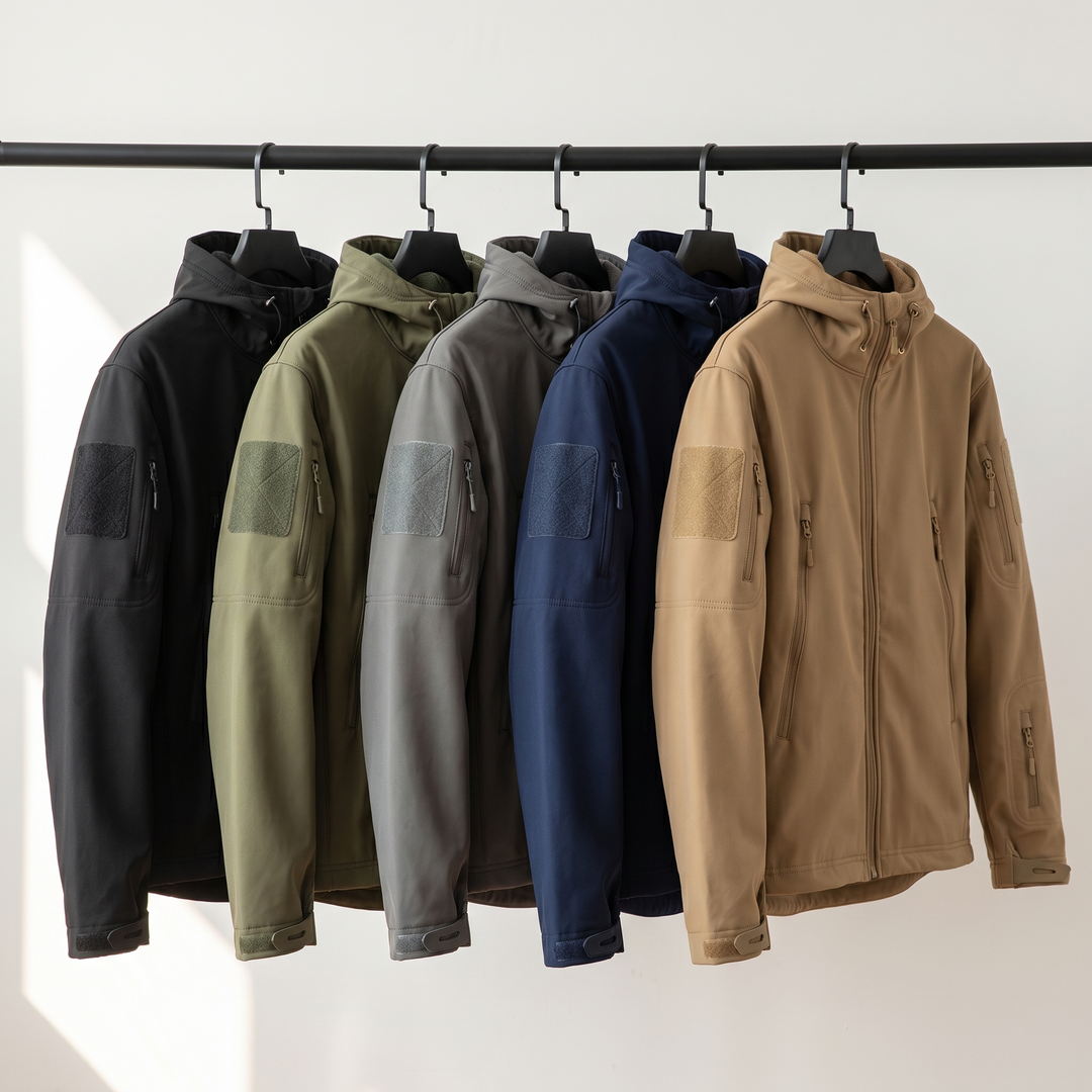 All five colourways of the softshell jacket on a rail