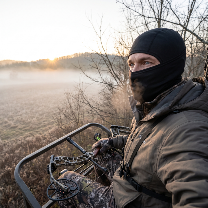 Man wearing black balaclava ski mask in hunting treestand at dawn