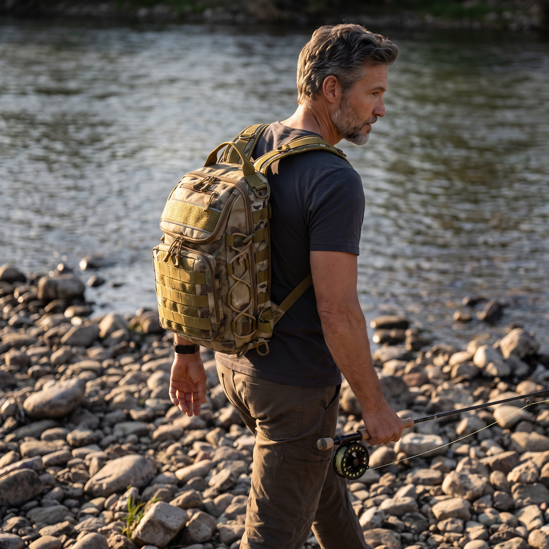 Worn as a backpack with both straps on the walk in