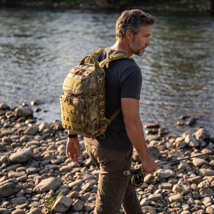 Worn as a backpack with both straps on the walk in