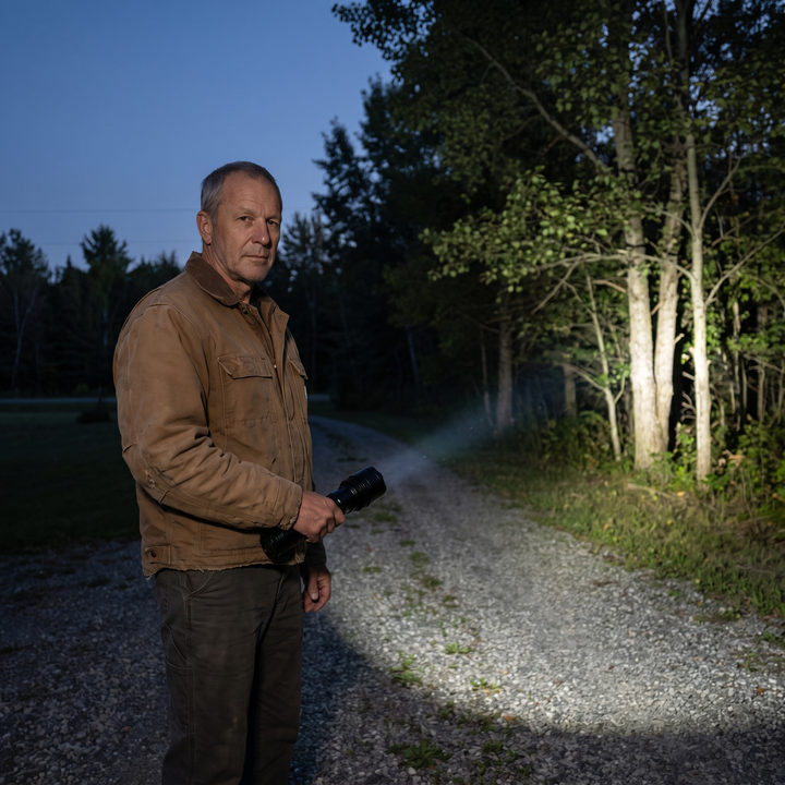 Man using the flashlight to light a treeline from a rural driveway at night