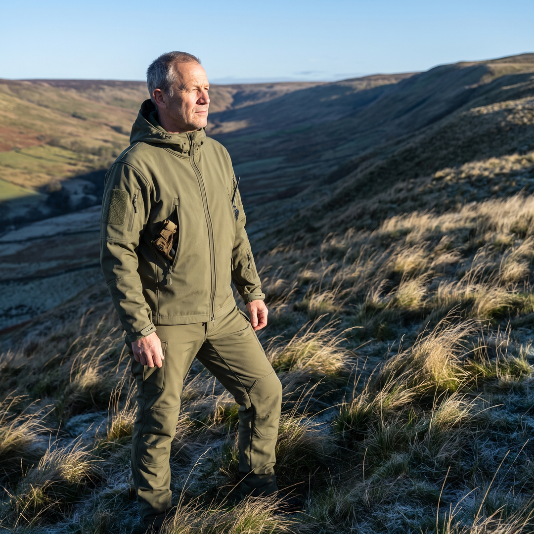 Man wearing the full softshell set on a hillside at first light