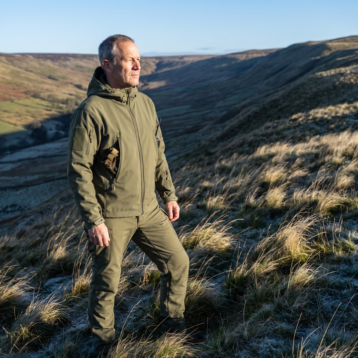 Man wearing the full softshell set on a hillside at first light
