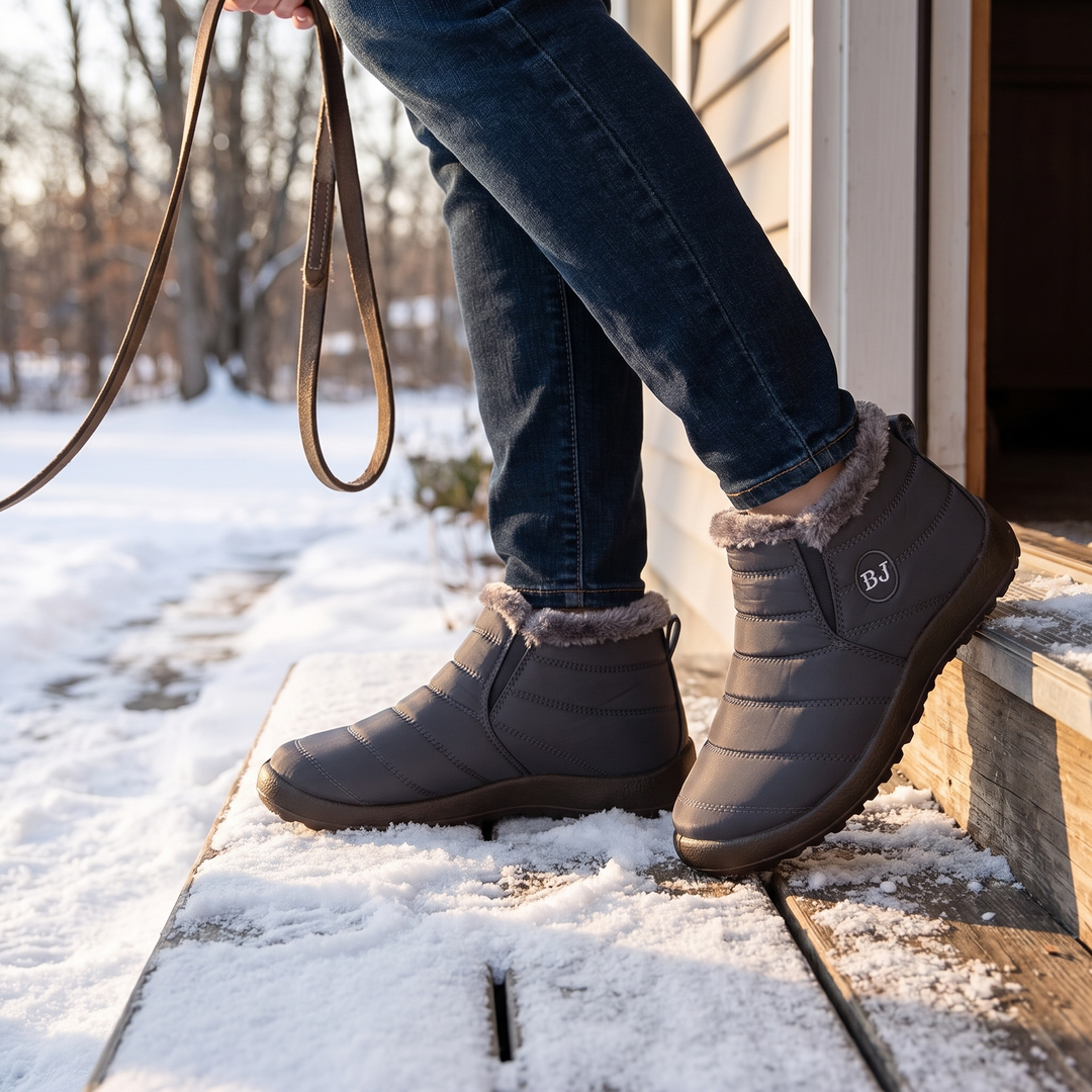 Stepping out onto a snowy porch in the boots