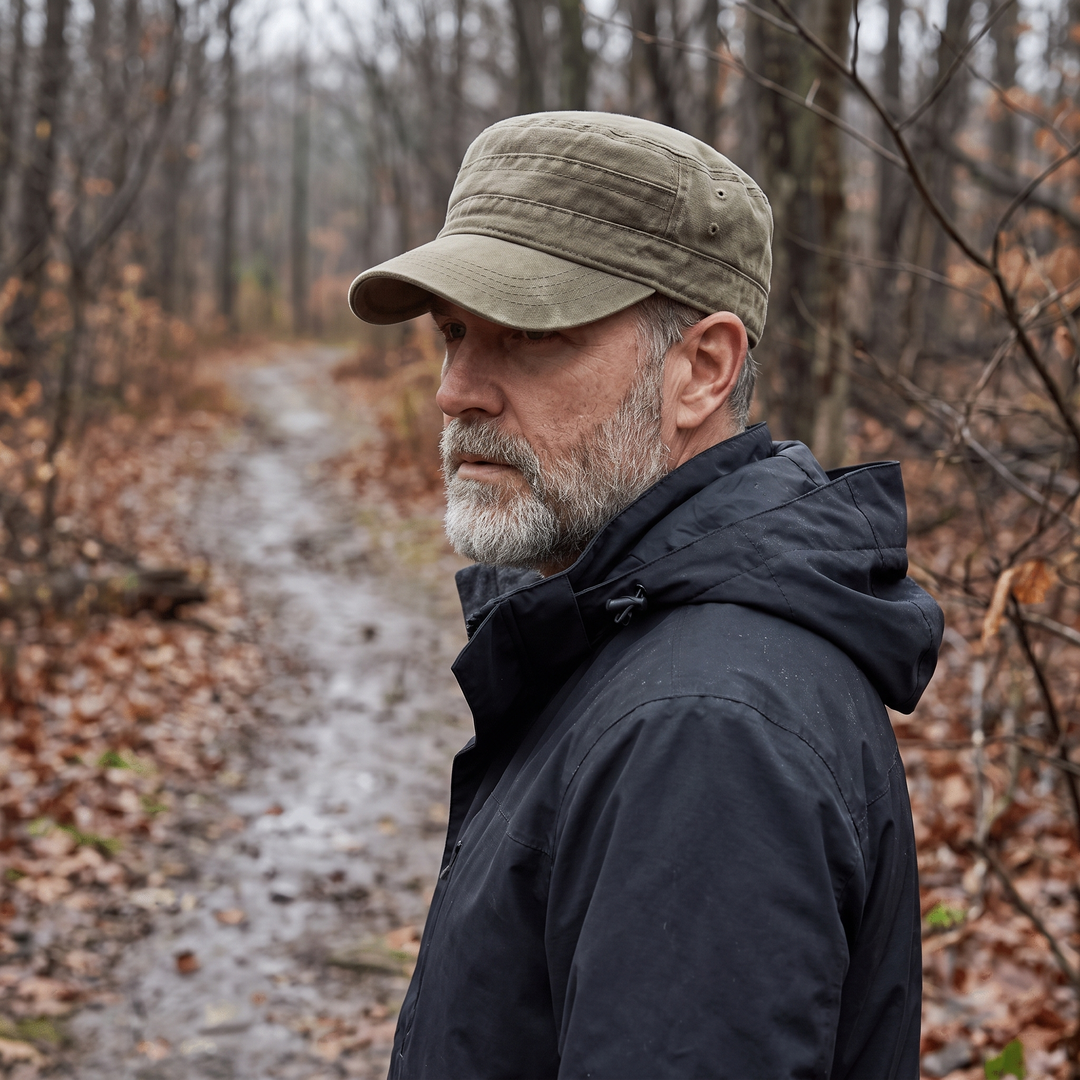 Wearing the cap on a wet woodland path in autumn