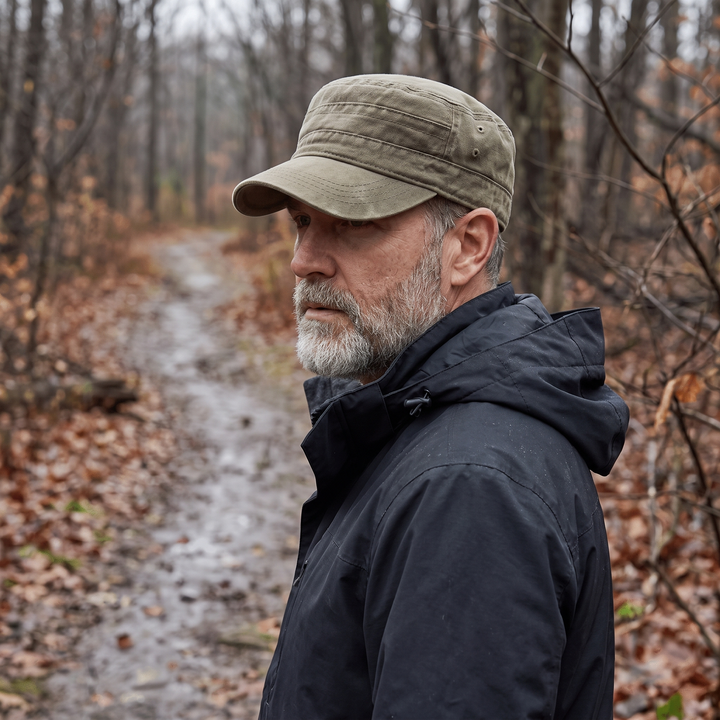 Wearing the cap on a wet woodland path in autumn
