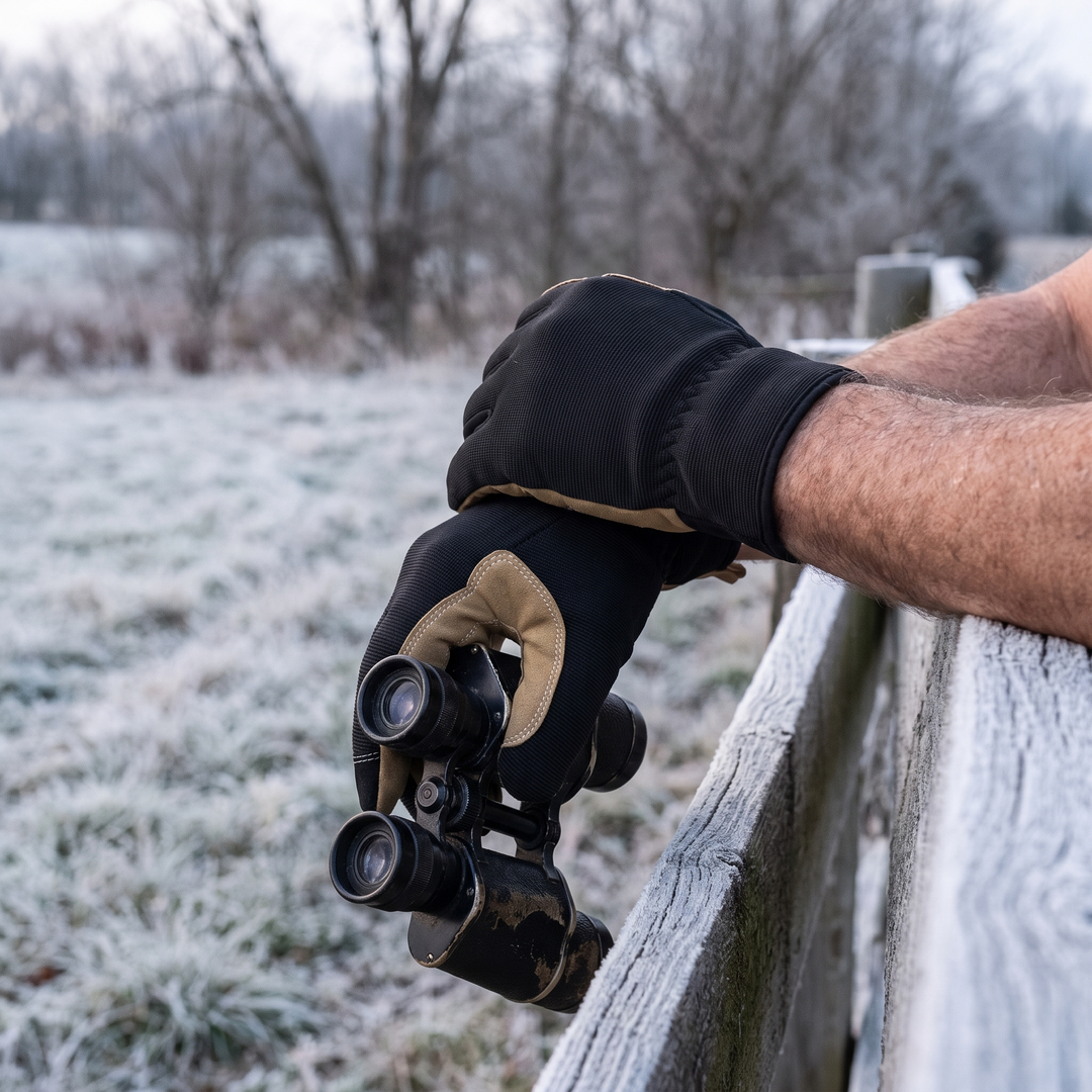 Gloved hands resting on a frosted rail at first light