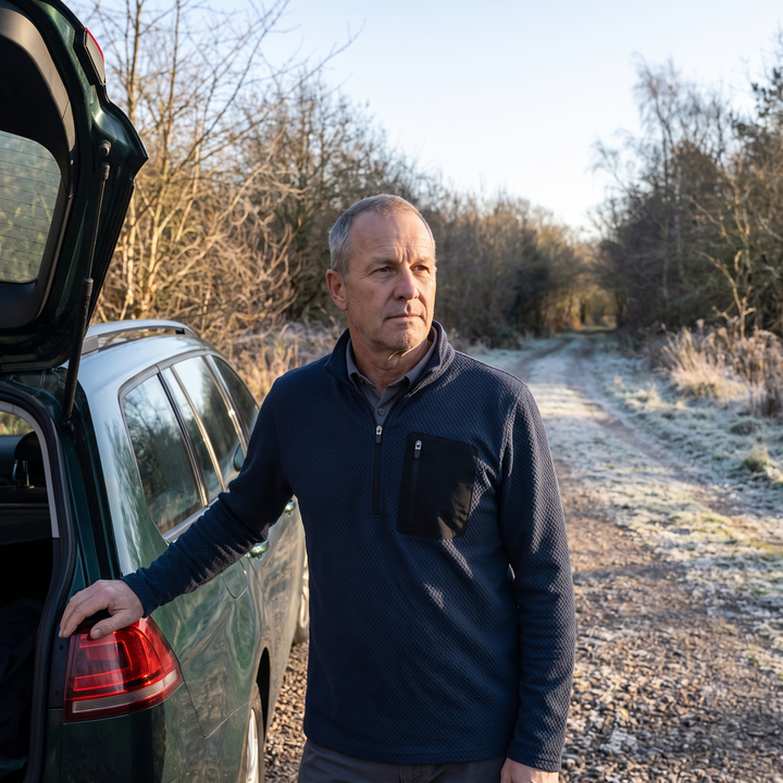 Man wearing the quarter zip at a car tailgate on a frosty morning