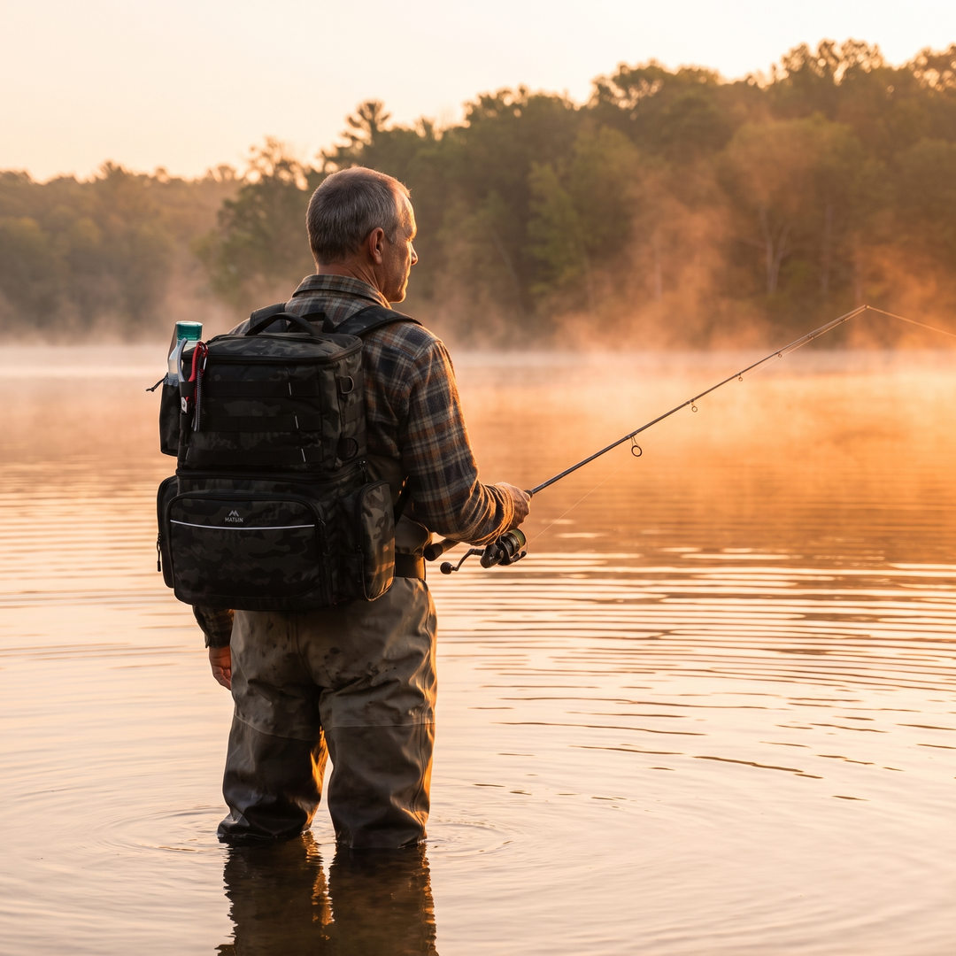 Angler wearing the fishing cooler backpack at sunrise