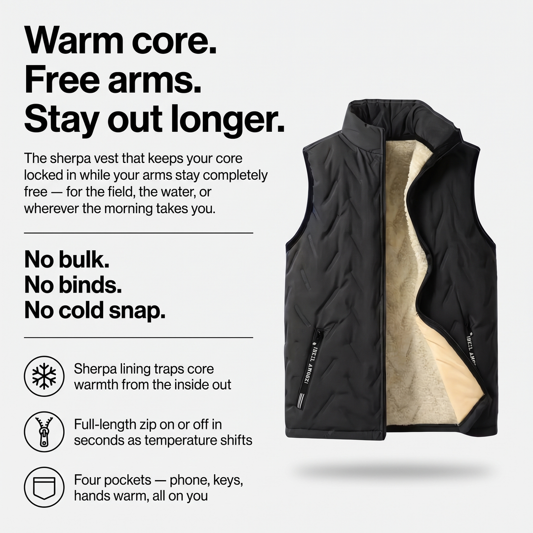 Men's Fleece Vest - Warm Core Free Arms Infographic - Activearo
