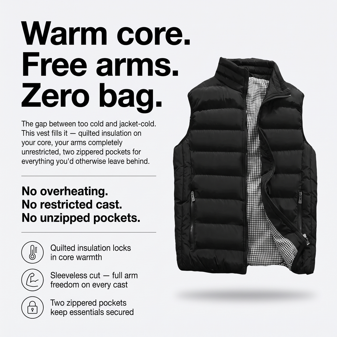 Men's Puffer Vest - Warm Core, Free Arms, Zero Bag