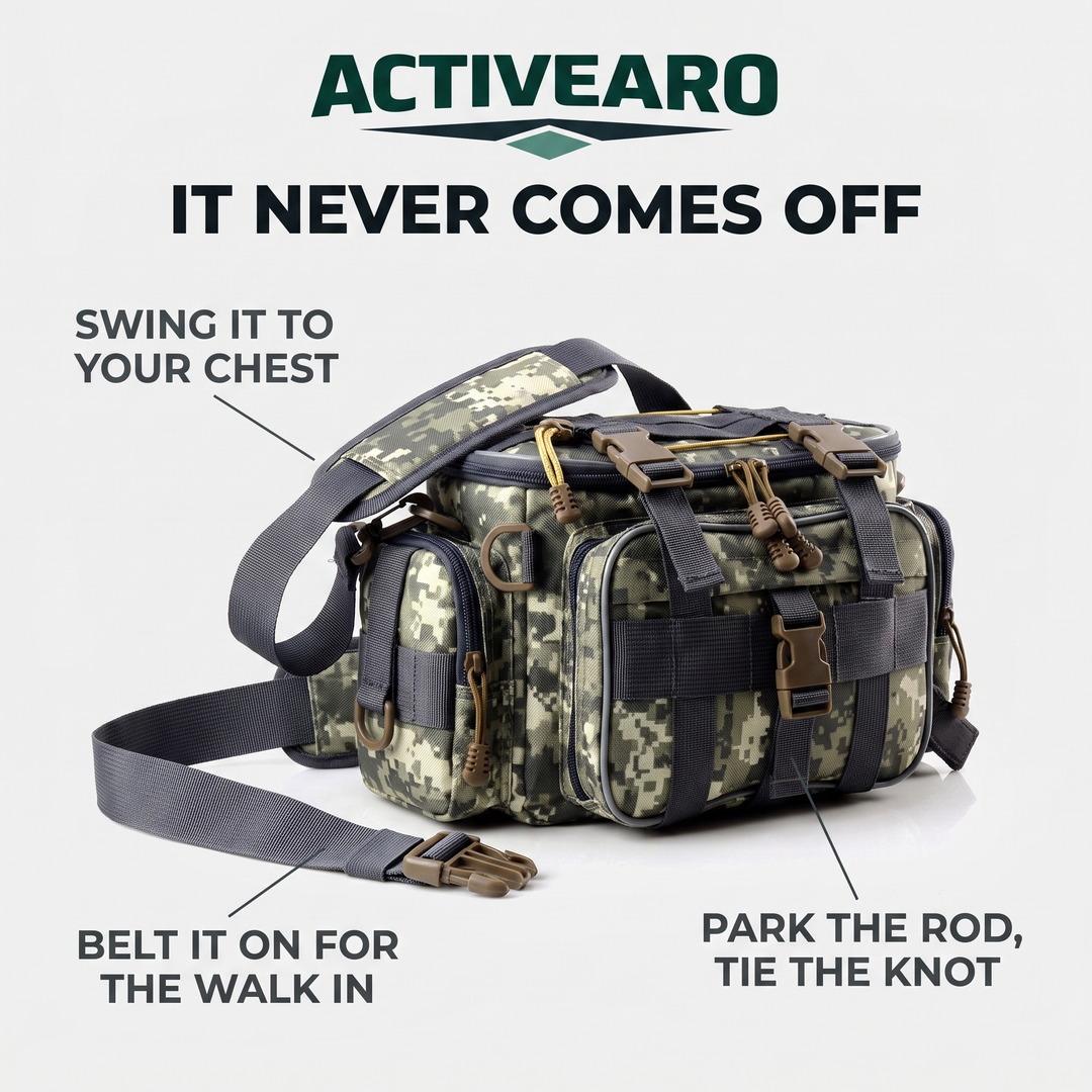 Three ways to carry the fishing tackle bag: waist belt, shoulder strap and grab handle