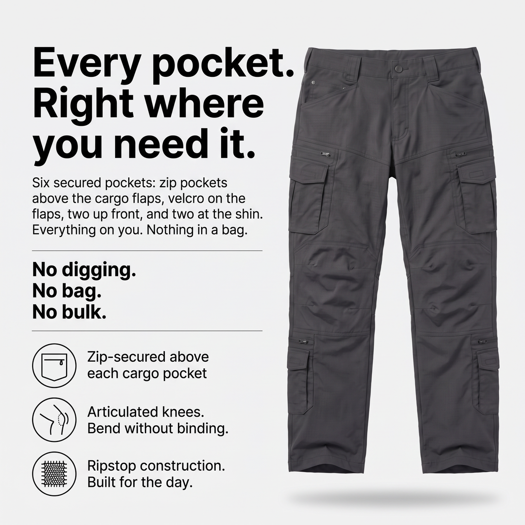Men's cargo pants pocket layout infographic - six secured pockets diagram