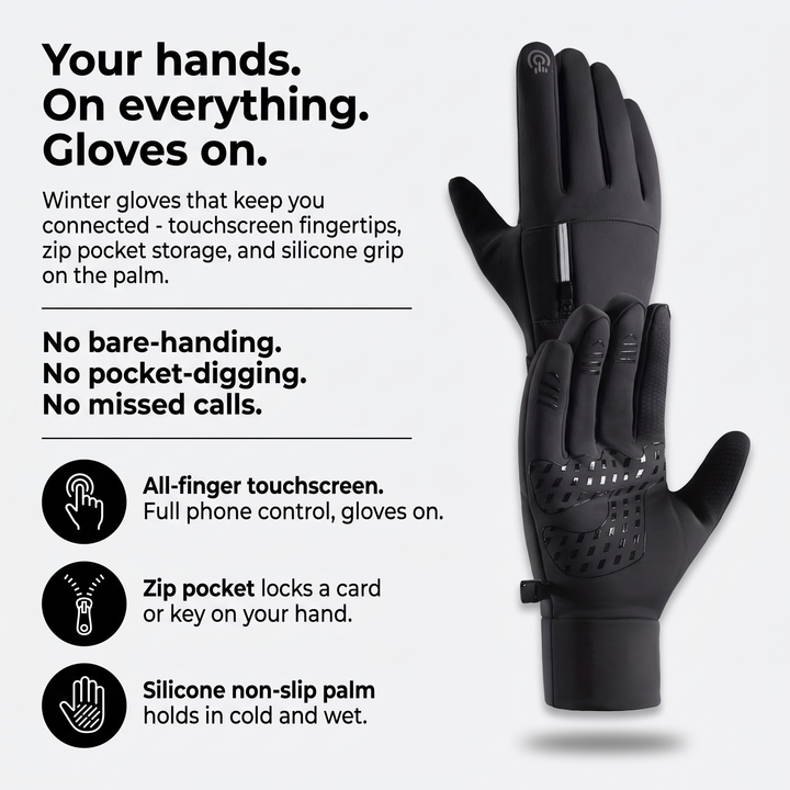Winter gloves infographic - Your hands. On everything. Gloves on. - touchscreen, zip pocket, non-slip palm