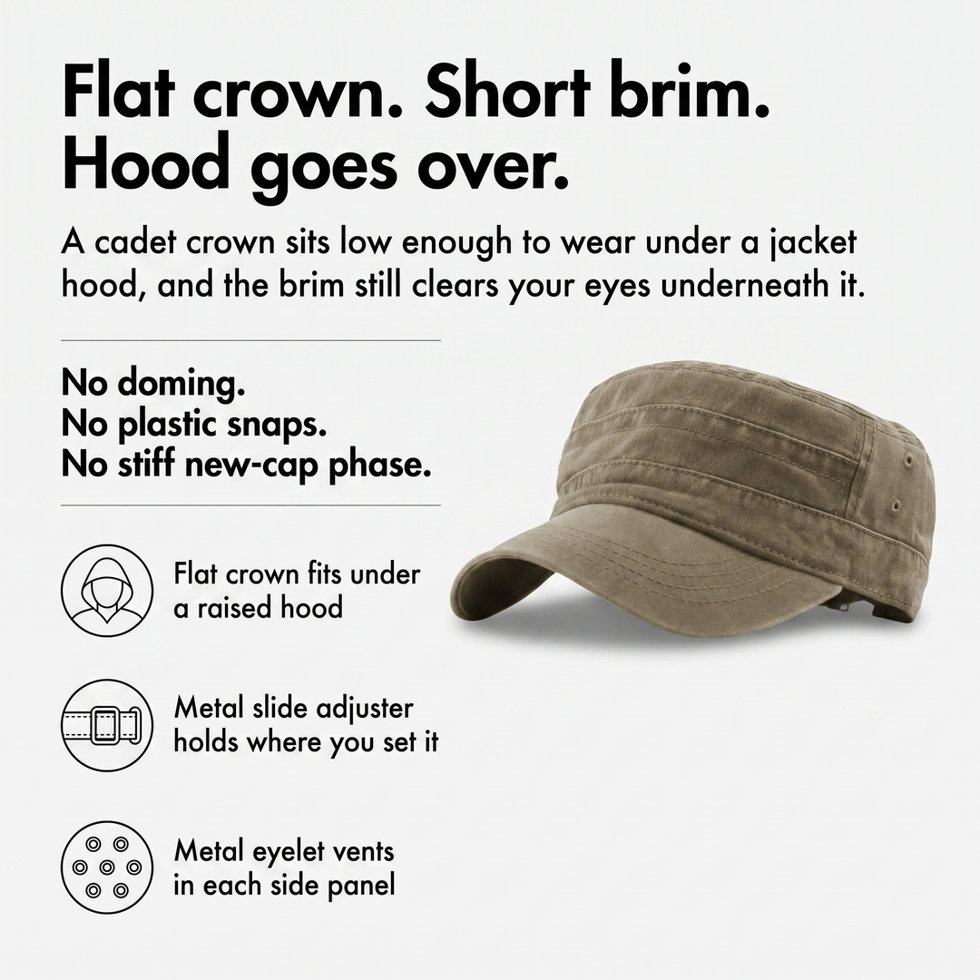 How it works: flat crown under a hood, metal adjuster, eyelet vents