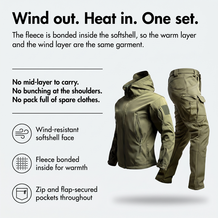 How it works: wind-resistant softshell face with fleece bonded inside