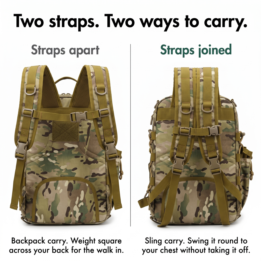 Two ways to carry: straps apart as a backpack or joined as a sling