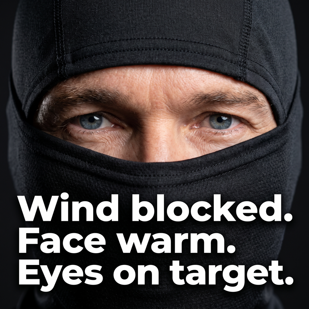 Close-up eye opening black balaclava - wind blocked face warm eyes on target