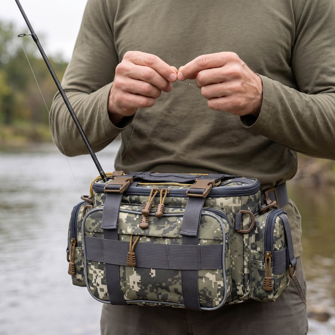 Rod held by the front buckle strap while both hands tie a knot