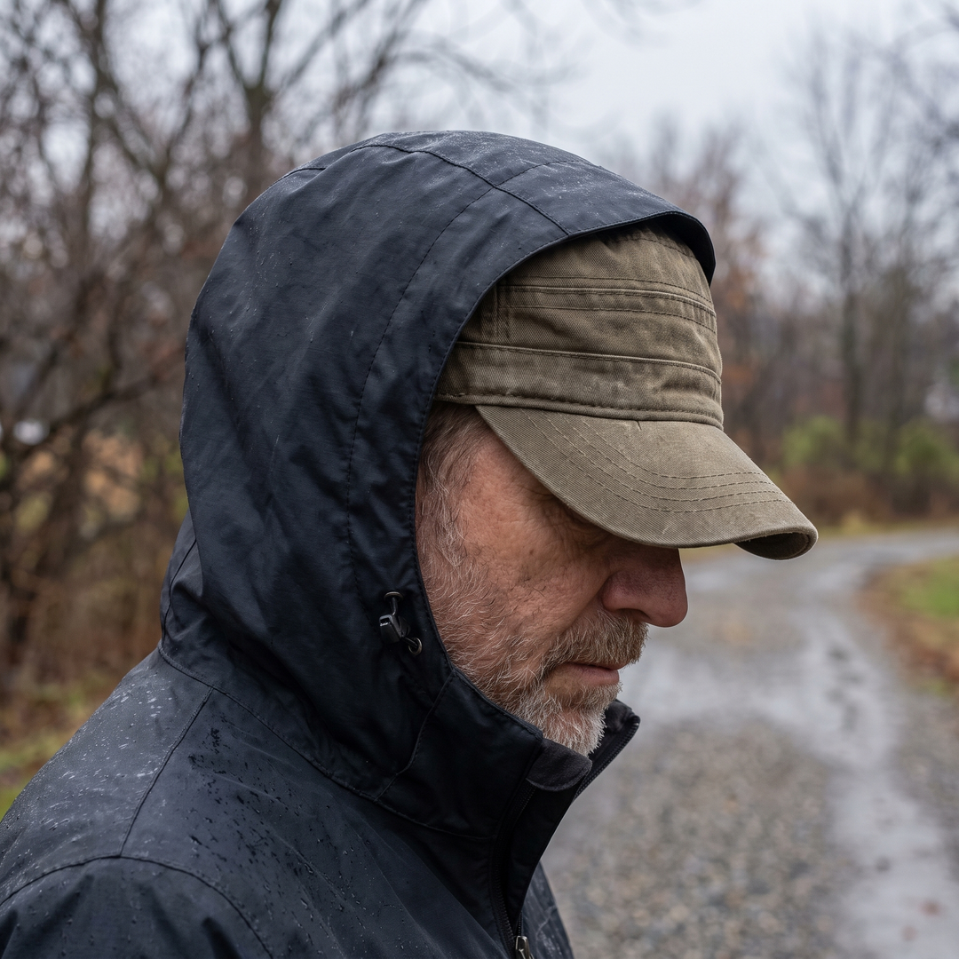 The cap worn under a raised jacket hood with the brim clear of the eyes