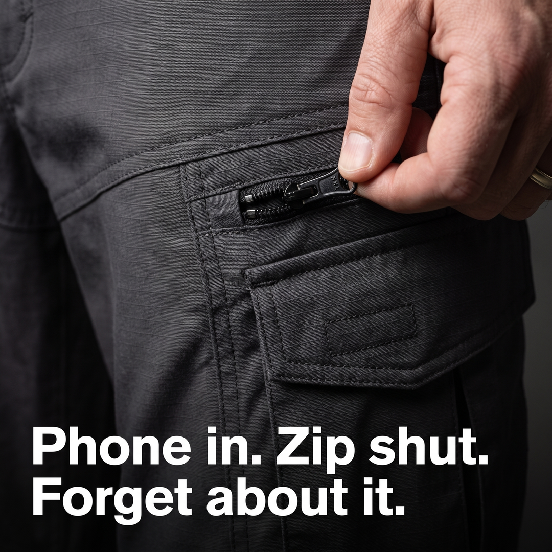 Tactical cargo pants zip pocket close-up - Phone in. Zip shut.