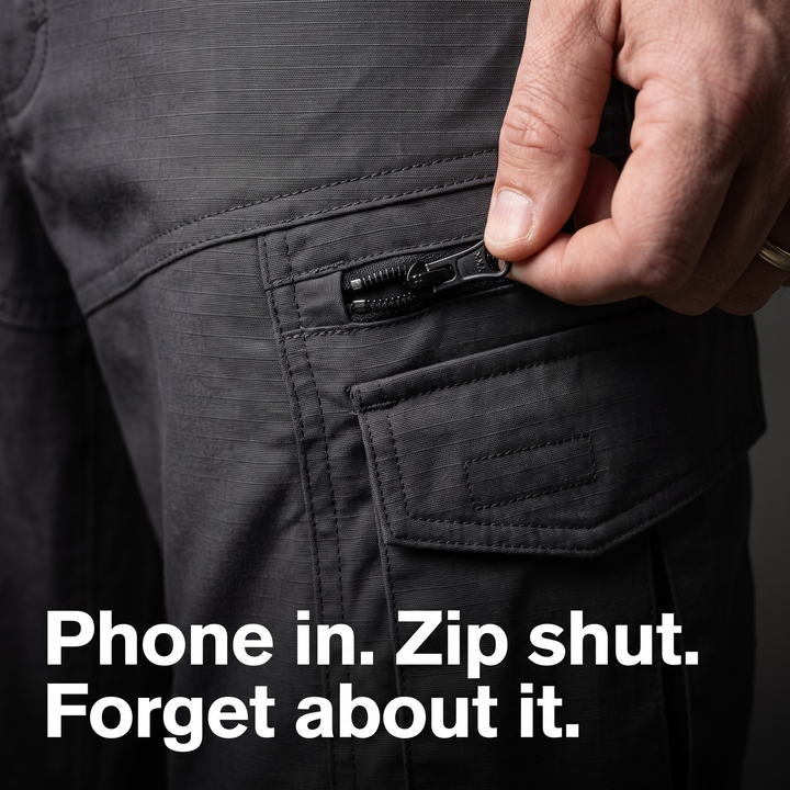 Tactical cargo pants zip pocket close-up - Phone in. Zip shut.