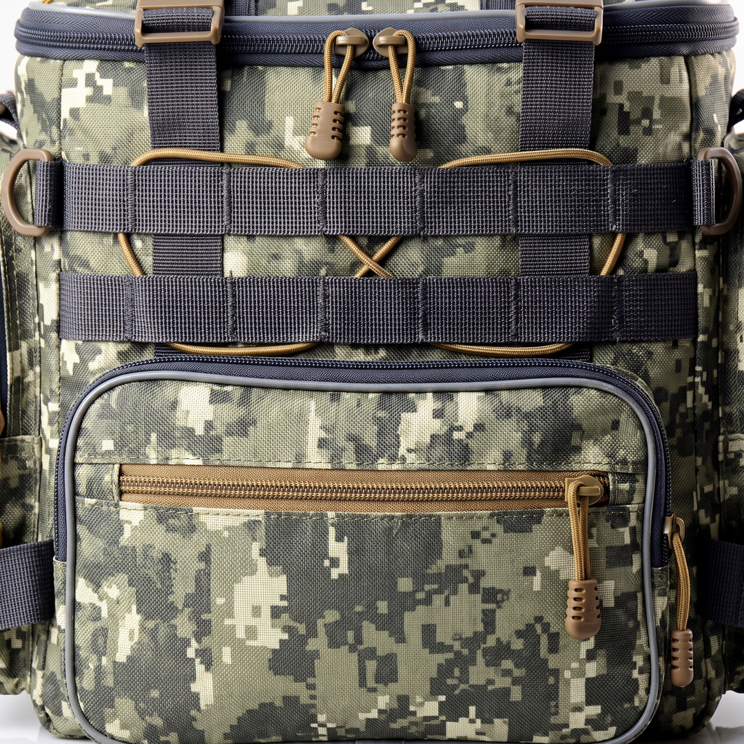 Close up of the front panel: webbing rows, elastic cord and zippered front pocket
