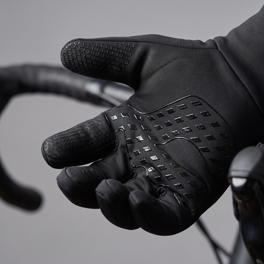 Silicone non-slip palm grip close-up on bicycle handlebar - hexagonal and diamond grip zones