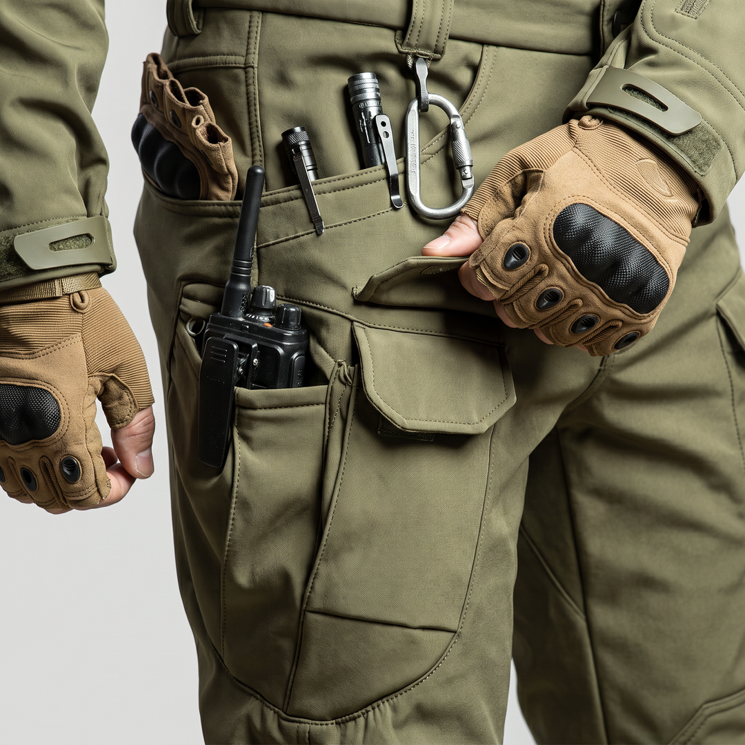 Loaded thigh cargo pocket with radio, torch, pen and gloves