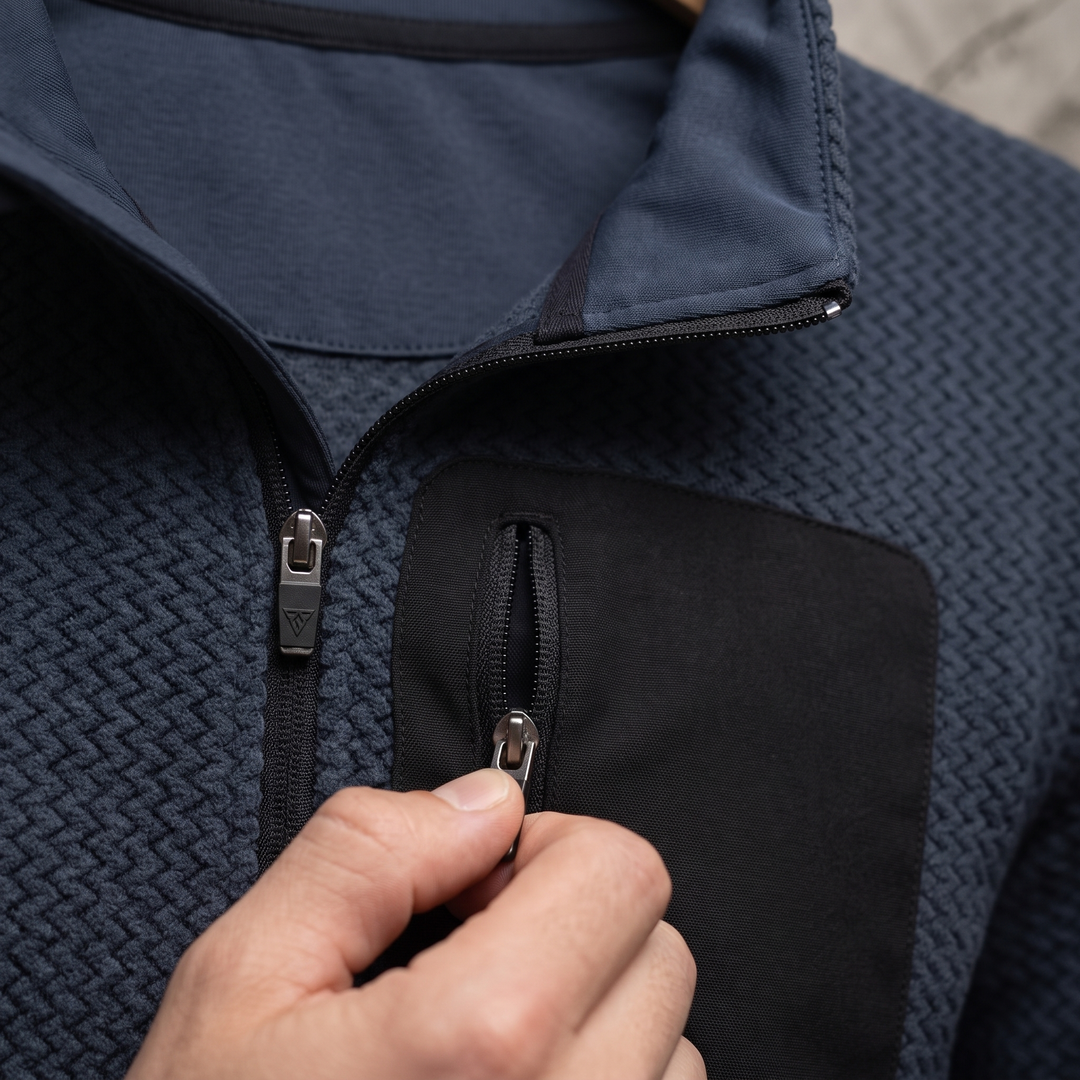 The zip chest pocket being opened, set into its contrast woven panel