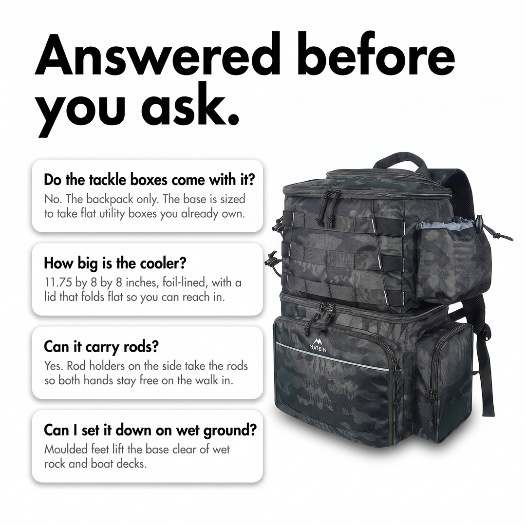 Common questions answered: tackle boxes, cooler size, rods, wet ground