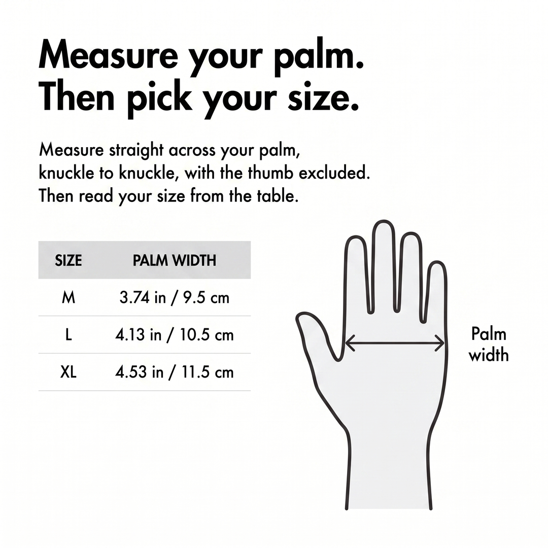 Size chart by palm width in inches and centimetres