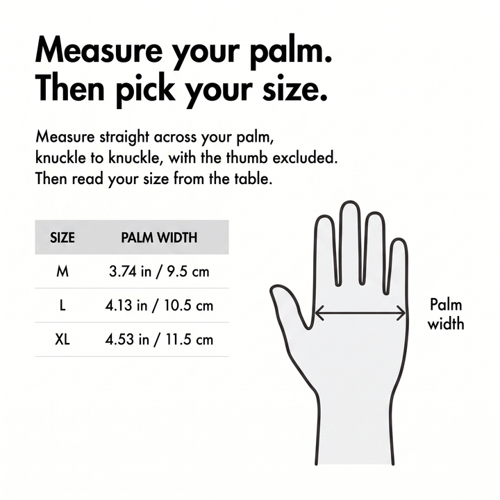 Size chart by palm width in inches and centimetres