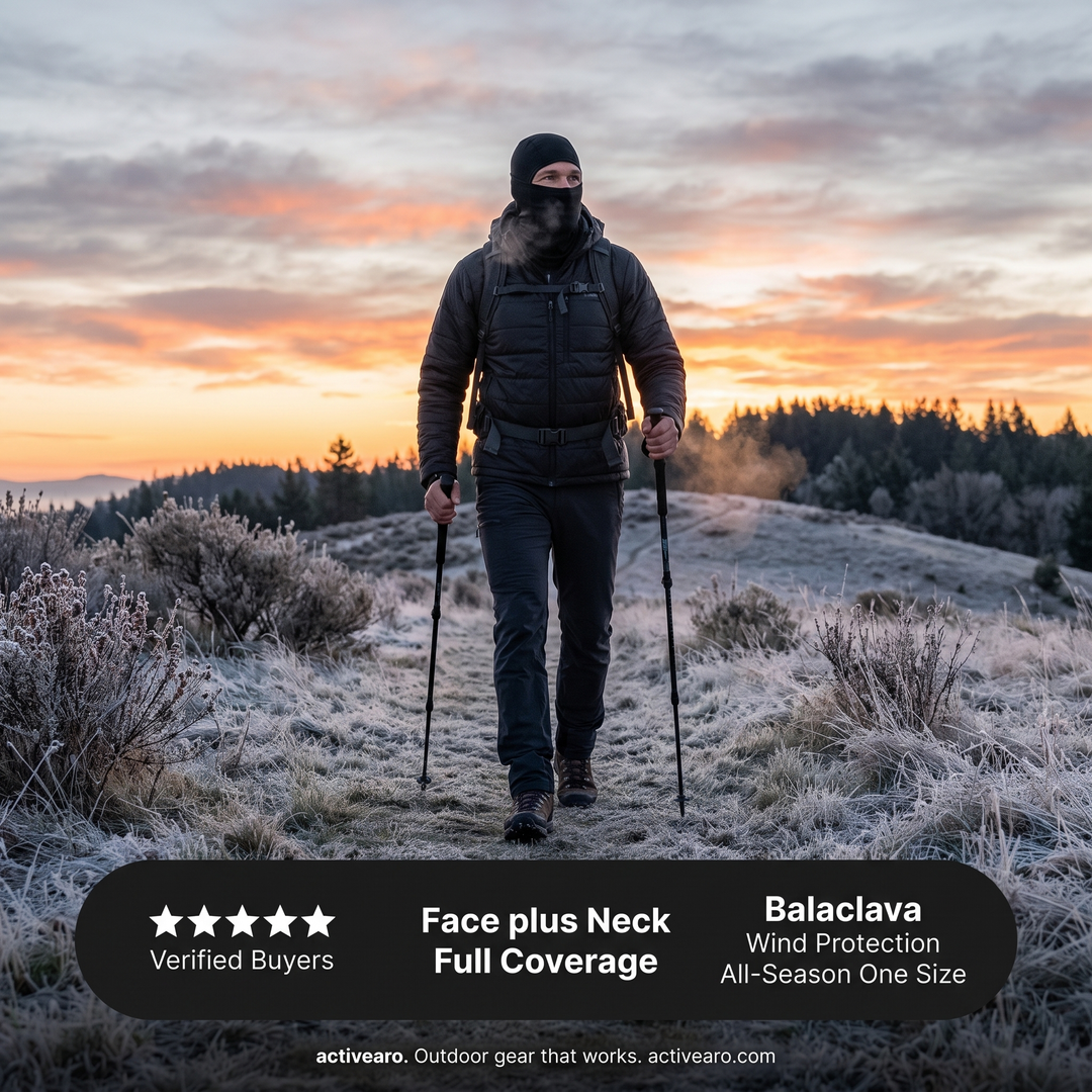 Black balaclava ski mask lifestyle shot at dawn with data overlay