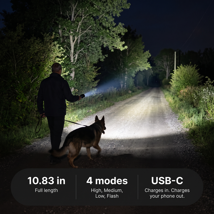 Flashlight in use on an unlit road with key specifications