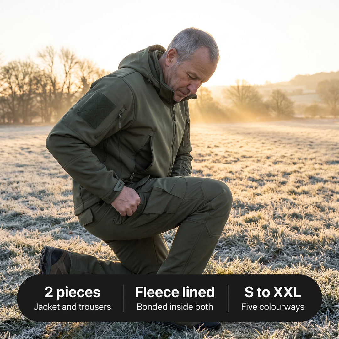 Kneeling in the set at dawn with key specifications
