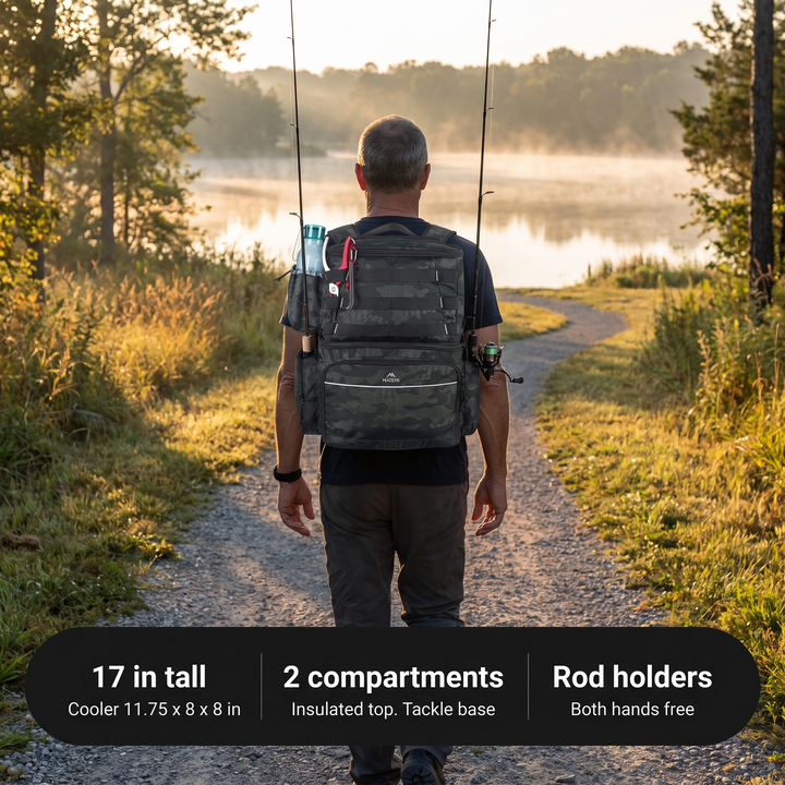 Walking to the lake with rods in the side holders and key specifications