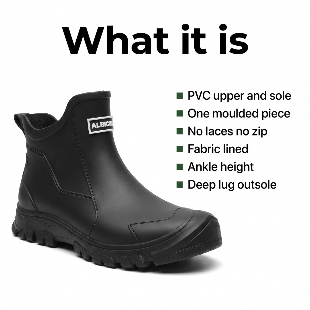 Key specifications: PVC upper and sole, one moulded piece, ankle height