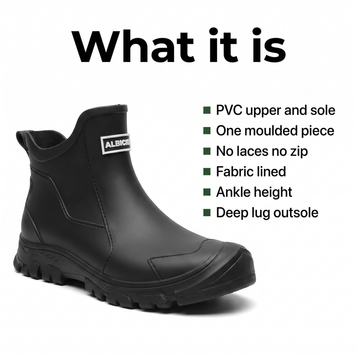 Key specifications: PVC upper and sole, one moulded piece, ankle height
