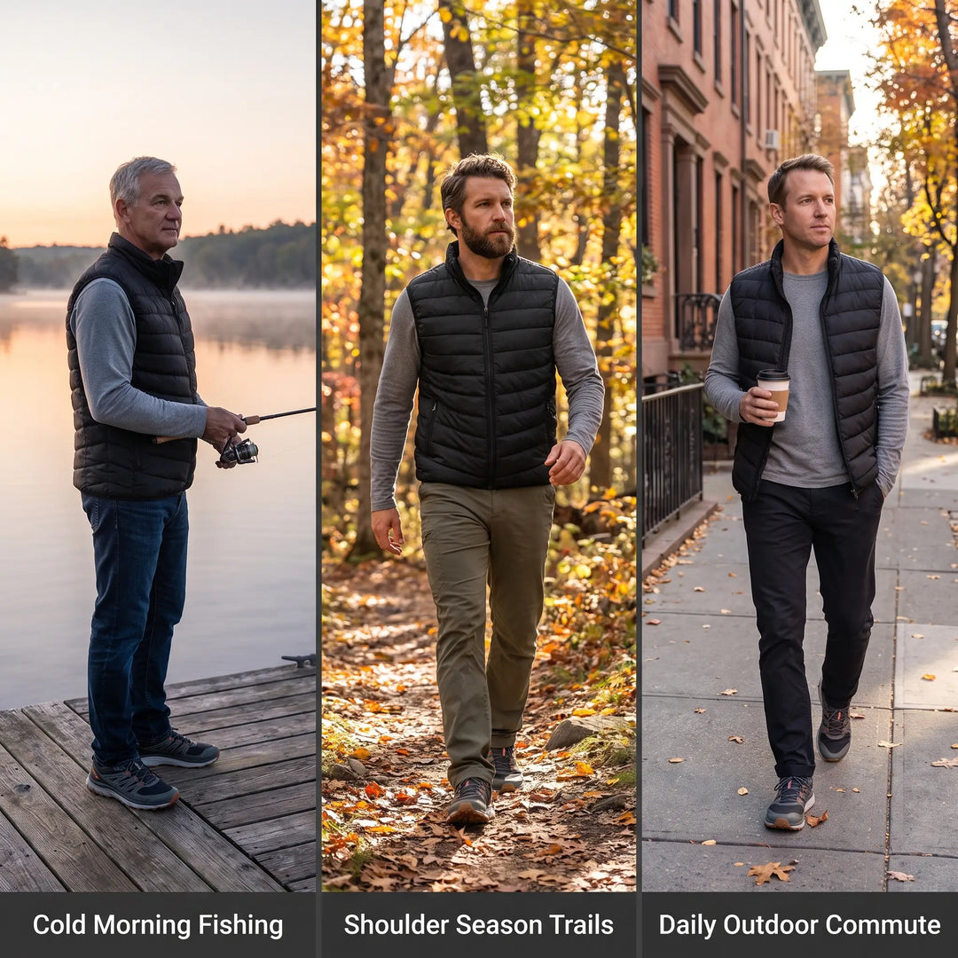 Men's Puffer Vest - Use Cases Fishing Trail Commute
