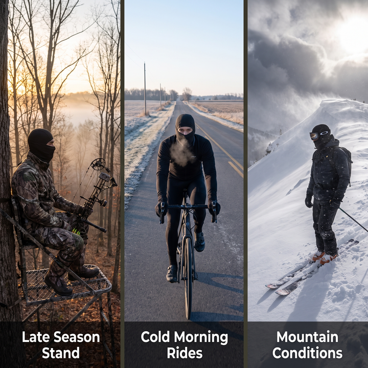 Balaclava ski mask three uses - late season stand cold morning rides mountain conditions