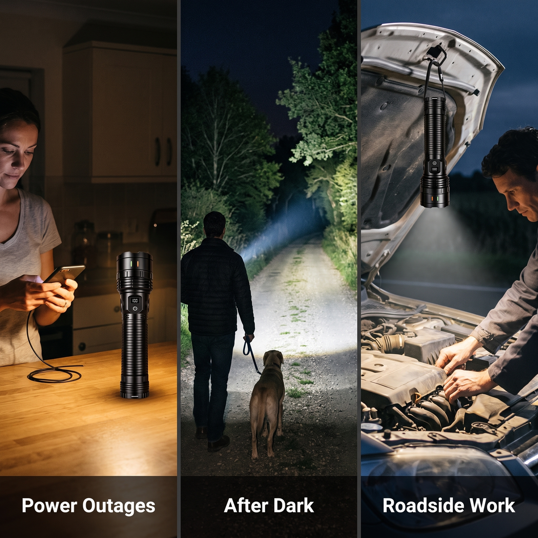 Three uses: power outages, walking after dark and roadside work
