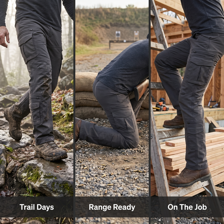 Men's tactical cargo pants triptych - trail, range, and work site contexts