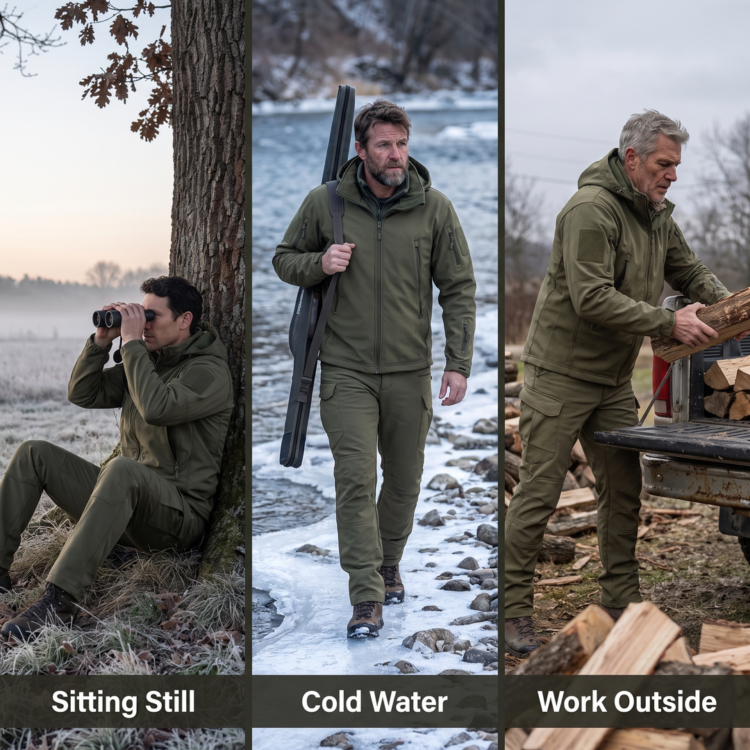 Three uses: sitting still, cold water and work outside