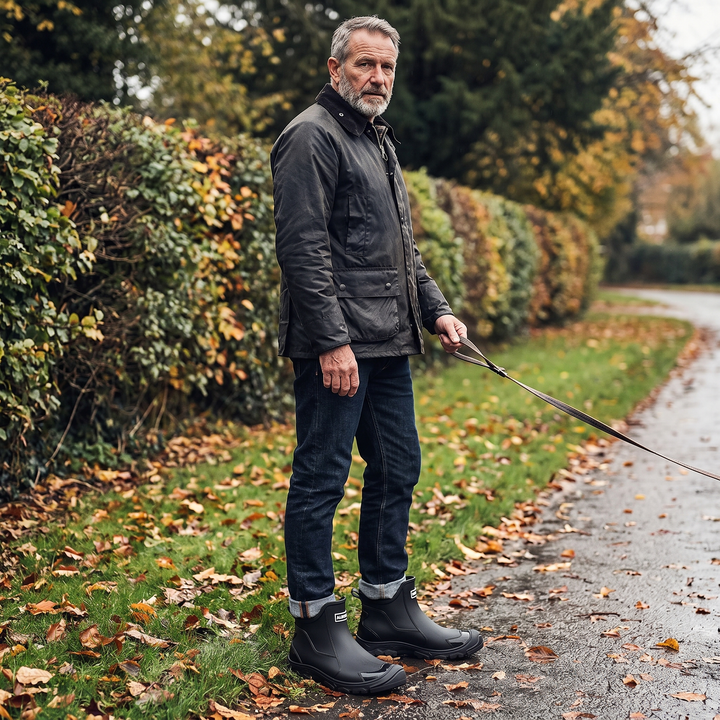 Walking a dog on a wet path in the rain boots