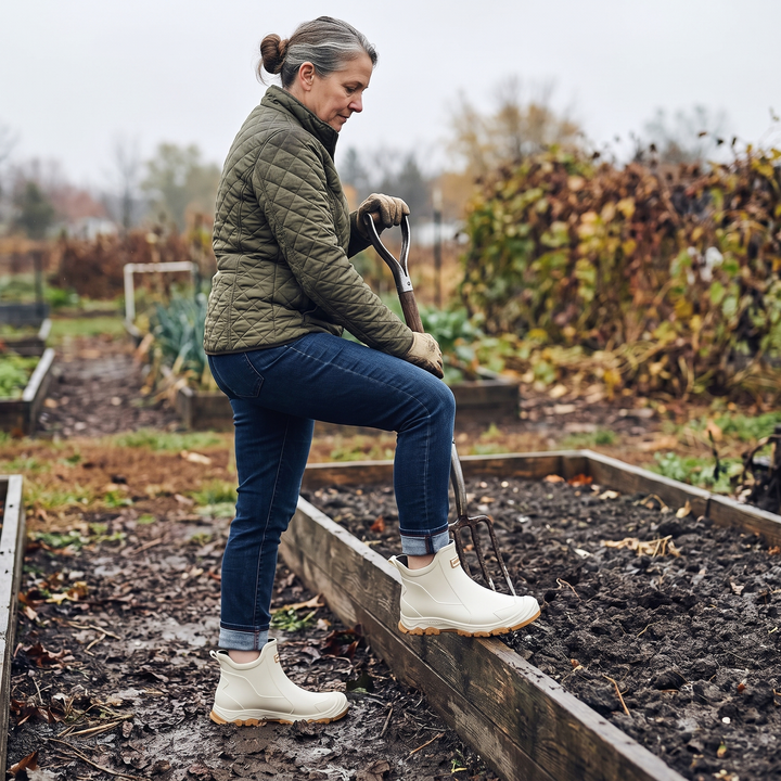 Working in a wet vegetable garden in the rain boots